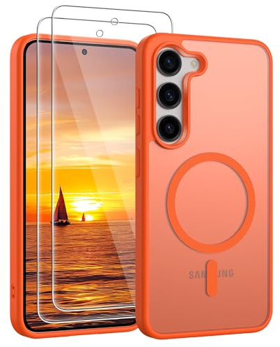 Jshru Magnetic for Samsung S23 Case,Compatible with Magsafe,with HD Screen Protectors X2,[Durable & Sturdy] Slim Translucent Protective Cover,Galaxy S23-Orange