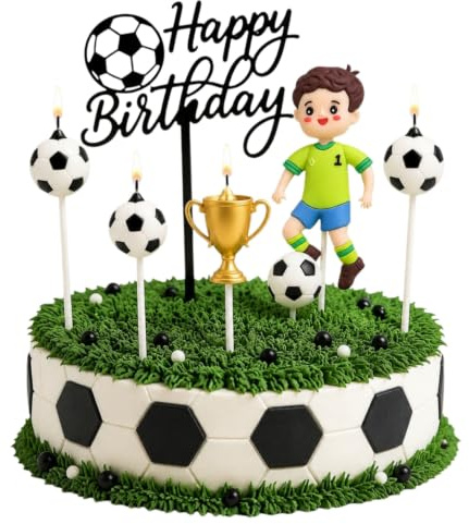 Football Cake Decorations for Boys, Happy Birthday Football Cake Topper with Football Player Figure and Trophy Candle, Football Birthday Party Decorations