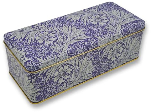 MediMuc Presentburk Design Arts & Crafts Kärleksfullt utformad rektangulär förvaringsburk motiv blå blommor – plåtburk, kakburk, mått: (L x B x H): 24,0 x 10,0 x 7,0 cm