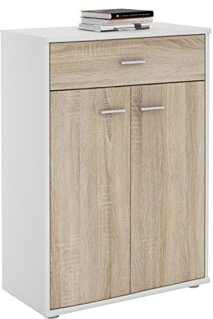 IDIMEX Buffet Calais, Commode Meuble de Rangement avec 1 tiroir et 2 Portes, en mélaminé Blanc Mat et décor chêne Sonoma