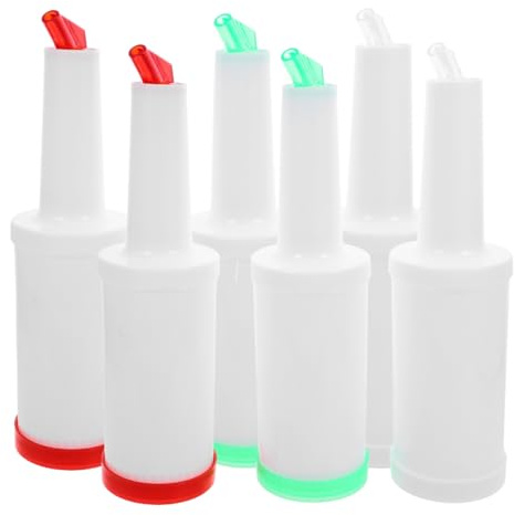 BESTonZON Saftflaschen 1L mit Ausgießer & Deckel – 6 Bunte Kunststoff Flaschen Set zum Befüllen, Lagern, Mischen von Saft, Sirup, Cocktails & Dressing