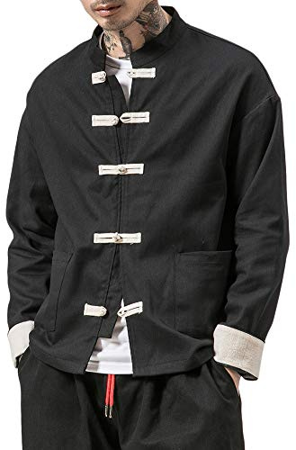 Homme T-Shirt À Bouton Rétro Devant Poche Veste De Tang Kung-Fu Top Style Chinois Noir L