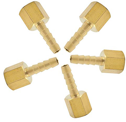 Brass Hose Barb Fitting, Straight Female Connector, Coupling, Adapter, Hose ID 3/16 Barb x 1/4 NPT Female (Pack of 5)