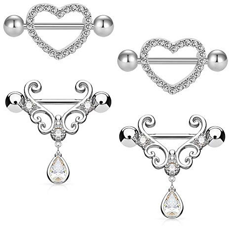 JFORYOU 2 Pair Nipple Rings Heart Filigree with Tear Drop CZ Dangle Nipple Bars Barbells Rings - 14G 316L Stainless Steel Nipple Piercing
