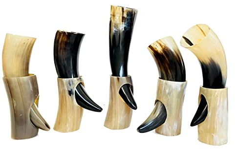 5x Viking Drinking Horn Cups 9 -15 | Viking gift for men 100% Natural Norse 10-14 oz Goblet Ale Mead Beer mug Wine with Stand (Large (9-11))