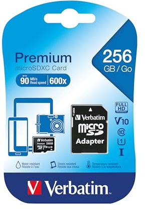 Verbatim Premium microSDXC Speicherkarte 256GB Class 10 mit Adapter | Mit Adapter für 4K Videos, Fotos und Datenspeicherung in Smartphone, Kamera und Tablet