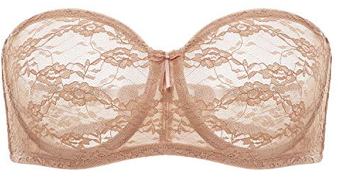 DOBREVA Women's Strapless Bras See Through Sheer Lace Non Padded Underwired Multiway Bra Natural 36D