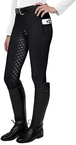 FitsT4 Sports Damen Reitleggings Silikon Vollbesatz Reithose mit Handytasche und Gürtelschlaufen,Schwarz,Gr.XS