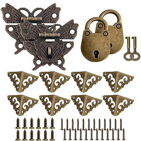 Vasemele Verschluss für Holzkiste 2 Stücke Antike Vorhängeschloss Hasp Retro Schmetterling Shaped Latch Haspe Antik Überfalle Latch Vintage Holz Case Hasp mit Metall Eckenschutz Mini-Vorhängeschloss