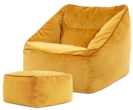 Icon Natalia Sitzsack Sessel mit Hocker für Erwachsene, Gelb, Flauschiger Samtstoff, Riesen Sitzsack Samt mit Füllung, Bean Bag Chair, Bequemer Sessel Wohnzimmer, Lounge, Schlafzimmer, Büro