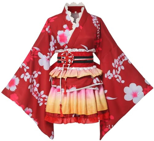GRACEART Costume kimono giapponese per cosplay, Halloween, motivo fiori di ciliegio, vestaglia con gonna con volant, per ragazze e donne, Rosso, XXL