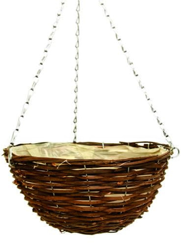 Fargro 30cm 1Pc Dark Brown Wicker Hanging Basket Lined Rattan Willow Planter With Liner Metal Chain