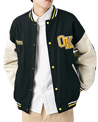 ORANDESIGNE Giacca da Baseball Unisex Bomber Varsity Jacket Donna Ricamo Giubbotto Casual Giacche Uomo di Baseball Jacket Vintage Patchwork Unisex Felpa Invernale Autunnale I Nero XXL