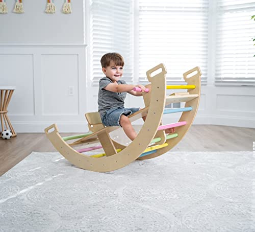 Avenlur Bailis Ultimate 3-in-1 Playset for Kids - Seesaw, Climbing Arch and Rocker - Waldorf and Montessori Climbing Toy for Children 2-6 Years - Toddler Climbing Toys (Colored)