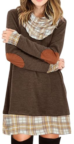 Alaster Queen Freizeitkleider für Damen A-Linie Langarm Herbstkleid Trendy Casual Plaid Cowl Neck Winter Damen Langarm Kleid Pullover Dunkelbraun XL