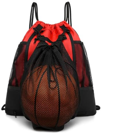 STAY GENT Drawstring Basketball Backpack for Boys & Girls, Soccer Foldable Football Volleyball Bag Sackpack Sports Sack with Detachable Ball Mesh Bag for Gym Baseball Yoga, Red