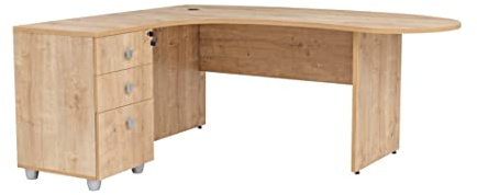 furni24 Schreibtisch Chefschreibtisch Winkeltisch PC Tisch Moderner Bürotisch Computertisch mit großer, Holzbeinen, Arbeitsfläche Gela Eiche Dekor Links gewinkelt Ink.Beistellcontainer mit Schubladen