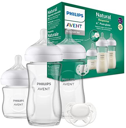 Philips Avent Glass Baby Bottle Newborn Gift Set - 3 Baby Milk Bottles, Ultra-Soft Pacifier for Babies Aged 0-6 Months+ (Model SCD878/11)