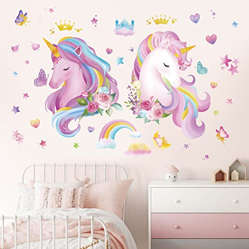 decalmile Wandsticker Einhorn Regenbogen Wandtattoo Einhorn Rosa | Abziehbare und Aufklebbare Wandaufkleber, DIY Abnehmbare Wandkunst Abziehbilder, Wandfreundlich, Leuchtenden Farben