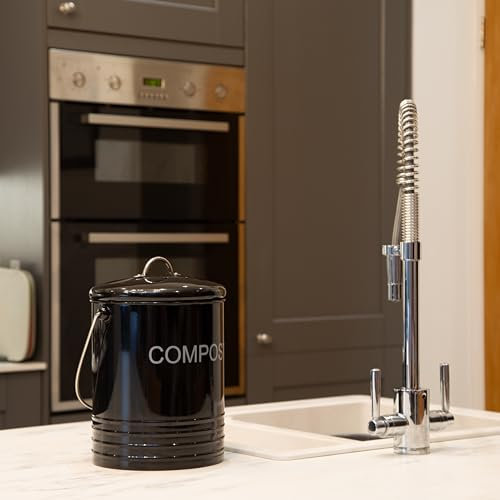 Cubo de compostaje de cocina con recubrimiento en polvo de metal negro, filtro de carbón con tapa para reducir el olor, compostaje de residuos de alimentos en interiores