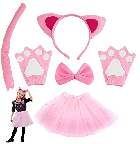 TSHAOUN dräkt med 6 kattöron – pannband, kattungar rosa öron krage, tasshandskar, rosa tutu för halloween, karneval, karneval