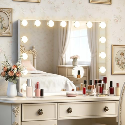 Ratsamee Hollywood Vanity Mirror with Lights, 23 x 18, 15 Dimmable Bulbs, 3 Color Lights, Make Up Lighted Mirror, USB Charging Port, Gifts for Women Wife Teengirls White