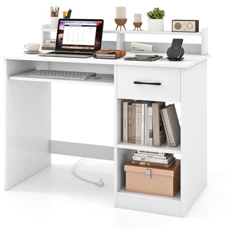 LIFEZEAL Scrivania Ufficio per Computer, con Cassetto, Supporto di Monitor, Vassoio per Tastiera, Salvaspazio, Postazione di Lavoro, Scrittoio, Tavolo Porta PC, Laptop, in Legno, Max 45kg, Bianco