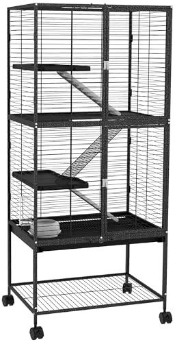 PawHut Ferret Cage for Chinchillas/Squirrels 136cm Height Charcoal Grey | Rolling Small Animal Cage, 4 Levels Pet Cage, 3 Doors, Storage Shelf, Tray, Bowl, Water Bottle, Ramps