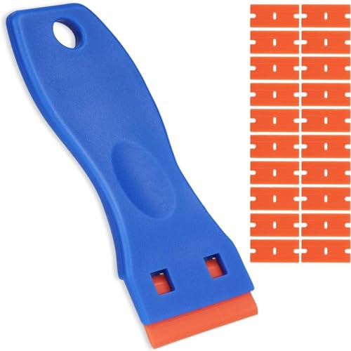 FUZVOL Plastic Scraper Non Scratch Razor Scraper Tool with 20 Plastic Razor Blade Ceramic Hob Scraper for Removing Labels Stickers Decals on Window, Windshields, Glass