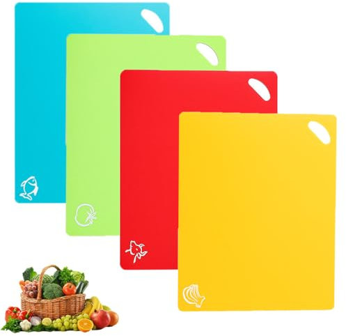 Chopping Board Set - 4 Pcs Kitchen Cutting Mat Flexible Mat Chopping Board Set Kitchen Ware with Colourful Food Icons Multicolour Flexible Fold for Cooking,Chopping