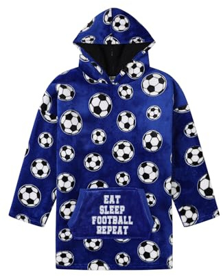ThePyjamaFactory Boys Eat Sleep Football Blue Fully Lined Luxury Fleece Hoodie, Oversized Fleece Blanket Hoody For Kids 7-13 Years