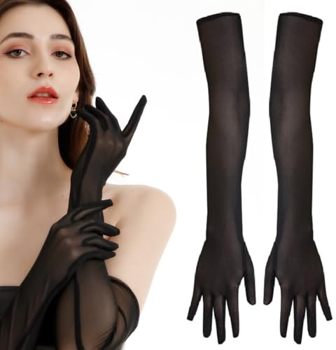 HQRKOTM Gants de Mariée Longs en Tulle Résille Noir Soirée Coude