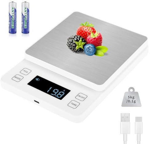 Howeifull Digitale Küchenwaage 0.1g genau, 5kg Hochpräzise Waage Küche Digital mit 10 Einheiten, Edelstahl-Wägeplattform, USB-C aufladbar Digitalwaage Küchenwage,Weiß
