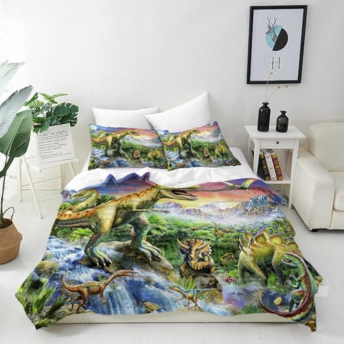 ANHOPE Dino Duvet Cover Set Single 135x200cm with 2 Pillowcases | Matching Pillowcase 50x75cm, Jungle Animal Dinosaur Print, Kids Boys Girls Microfibre Quilt Cover with Zipper Closure