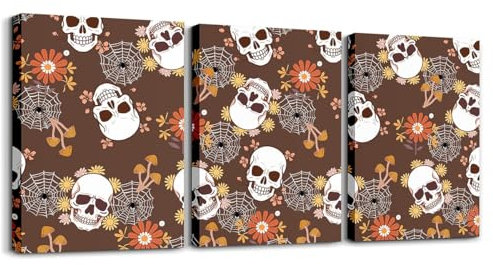 Loussiesd Halloween Thema 3er Poster Set für Wohnzimmer Schlafzimmer Zucker Schädel Bad Wandbilder für Home Dekor Daisy Blumen Deko Bilder Spinnennetz Bild Leinwandbilder
