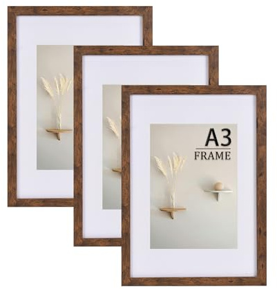 LYYYYX Bilderrahmen A3 29.7x42cm mit Passepartout Rustikal Fotorahmen Braun Collage Wanddeko Acrylglas,3er Set for Fotos, Poster, Puzzles
