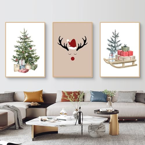 Uixxducc 3er Weihnachts-Poster Set, Winter Weihnachtsbaum, Schneemann, Elch Wandkunst Bilder Set Wandbilder Wohnzimmer Wanddeko Weihnachten Decor für Wohnkultur, Ohne Rahmen (C,50x70cm)