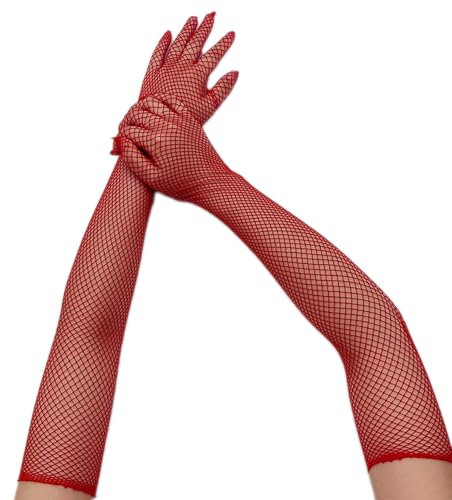 Blausky 1 Paar 80er Jahre Netzhandschuhe,Damen Lang Fischnetz Handschuhe Stretch-Handschuhe Fishnet Gloves Opernhandschuhen Abendhandschuhe,für Kostümpartys,Halloween,Cosplay Zubehör,45-65cm,Rot