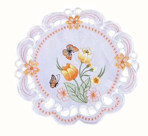 Orange Tulpen und Schmetterlinge Tischläufer Tischdecke Mitteldecke Deckchen gestickt (ca. 30 rund)