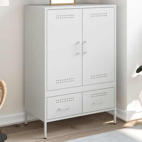 prissent Sideboard Aufbewahrungsschrank Beistellschrank Buffetschrank für Wohnzimmer Schlafzimmer oder Küche Metallgestell Mehrzweckschrank Industrie-Stil Weiß 68x39x101,5 cm