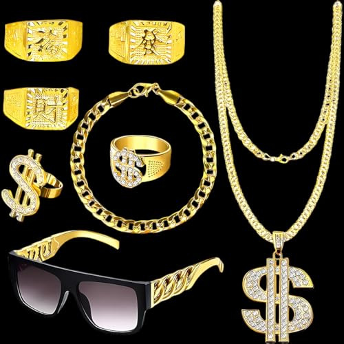 8 Stück Zuhälter Kostüm Herren, 80er 90er Jahre Outfit Hip Hop Rapper Kostüm, Goldkette Gangster Sonnenbrille Goldene Dollar Kette Ring Hanzi-Ringe für Karneval Fasching Mottoparty Halloween Cosplay