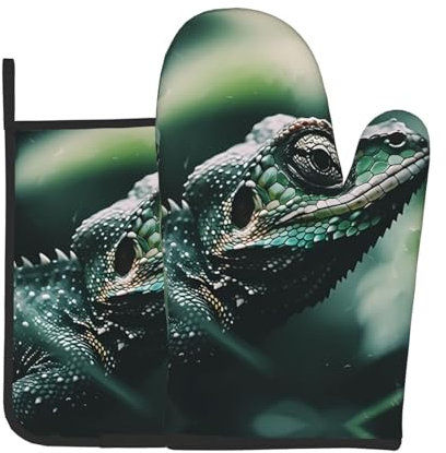 WZYWHJ Set di guanti da forno e presine con stampa di salamandra, per cucinare, forno a microonde, grigliate, con cordino