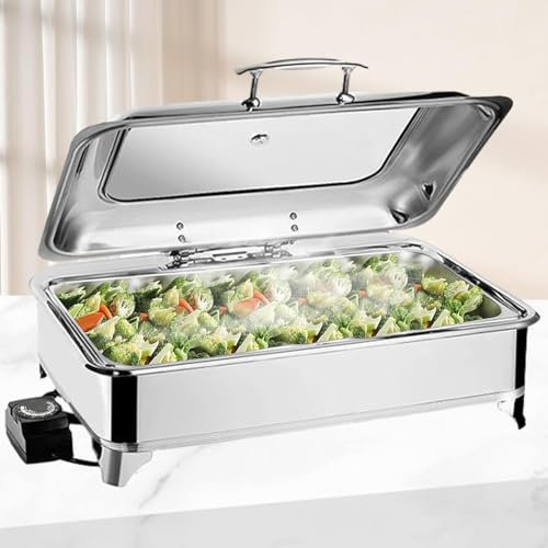 9L Chafing Dish Scaldavivande Elettrico per Buffet Acciaio Inox Professionale, Chafing Dish Buffet Elettrico Temperatura Regolabile con Coperchio in Vetro Trasparente per Buffet per Buffet