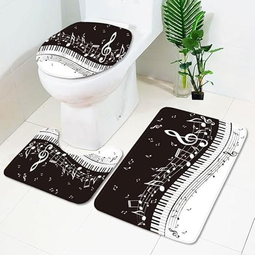 Bad Teppiche Set Weiße Schwarze Musik Badezimmerteppich Waschbar WC Vorleger mit Ausschnitt und WC Deckelbezug 3 Teilig Badematte rutschfest Toilettensitzbezug Badgarnitur 45x75 cm