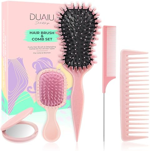 DUAIU 5-teiliges Haarbürste Set für Frauen mit Wildschweinborsten Lockenbürste, Breitzinkamm & Rattenschwanzkamm, Mini Spiegel & Bürste für Locken - Entwirren, Stylen, Massieren für Locken (Rosa)
