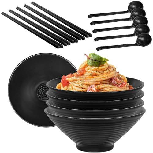 Tomuvpzn Ramen skål, 5 stycken japanska skålar, set, 900 ml premium ramen skål soppskål med 5 skedar och 5 ätpinnar ramenskål för ramar, sallader och frukt