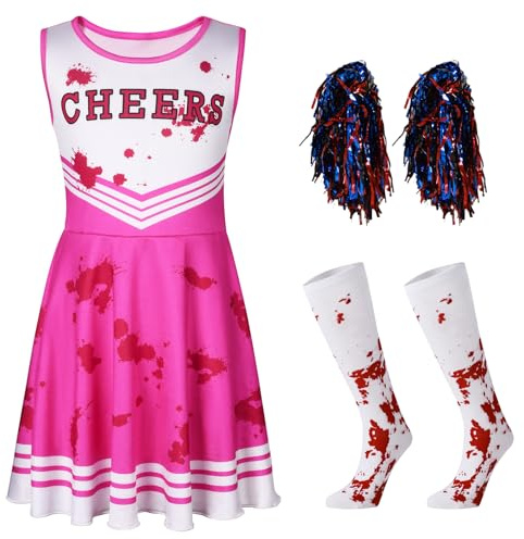 Hotfiary Kids Girls Zombie Cheerleader Halloween Costume, Pink, 7-8Y