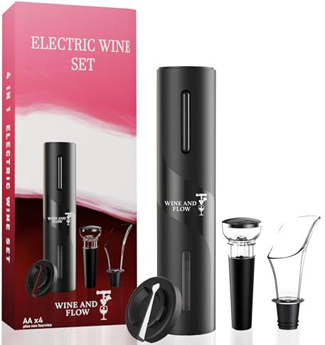 Tire bouchon electrique 4 en 1 à piles Wine and Flow – Idee cadeau Noël amateur ou professionnel du vin – Coffret cadeau Ouvre Bouteille Electrique - Accessoire vin et tire bouchon sommelier