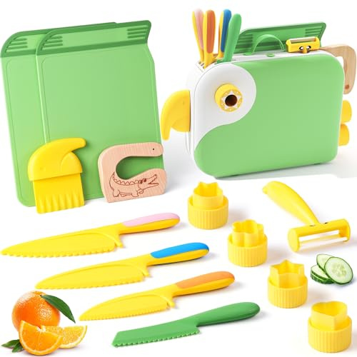 Yeeammk 13PCS Toddler Knife Set with Playful Bird Organizer, Montessori Real Cooking Tools for Kids with Safe PP Material for Educational Fun (Green)