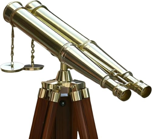 Binocolo Admirals da pavimento in ottone massiccio lucido, completamente funzionale, decorazione nautica per la casa, binocolo per adulti con treppiede in legno